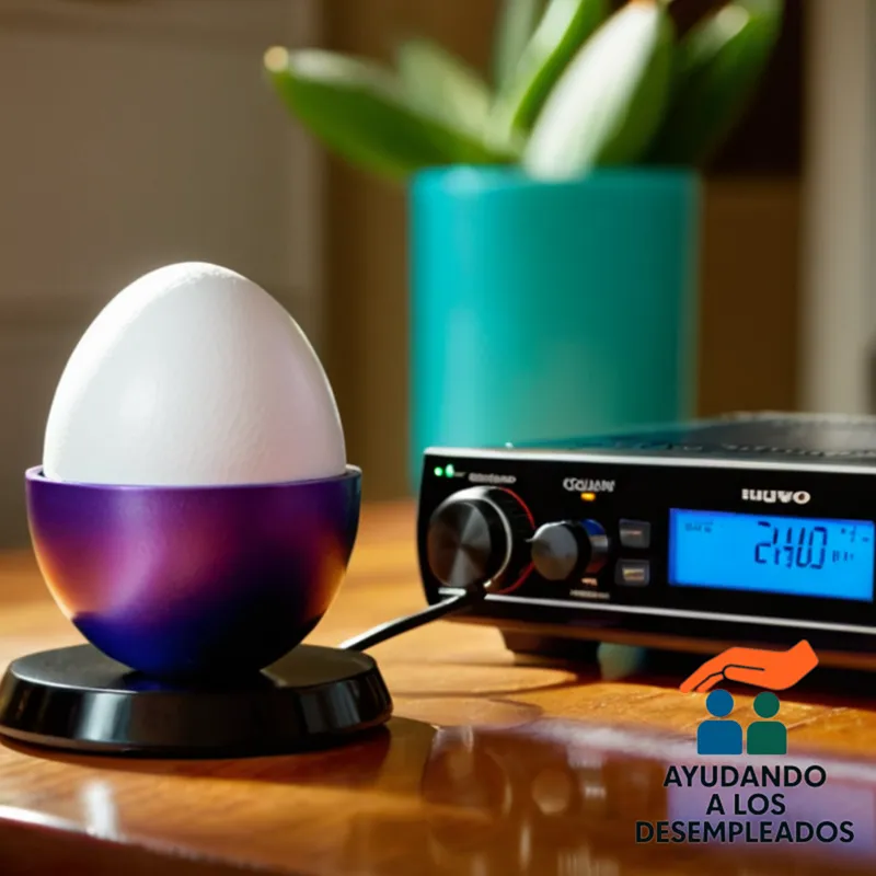 a photograph of an authentic huevo de colores (hand-painted Easter egg) perched on a wooden table near a power strip, surrounded by household appliances and a half-read electricity bill, in a warm and inviting domestic setting.
