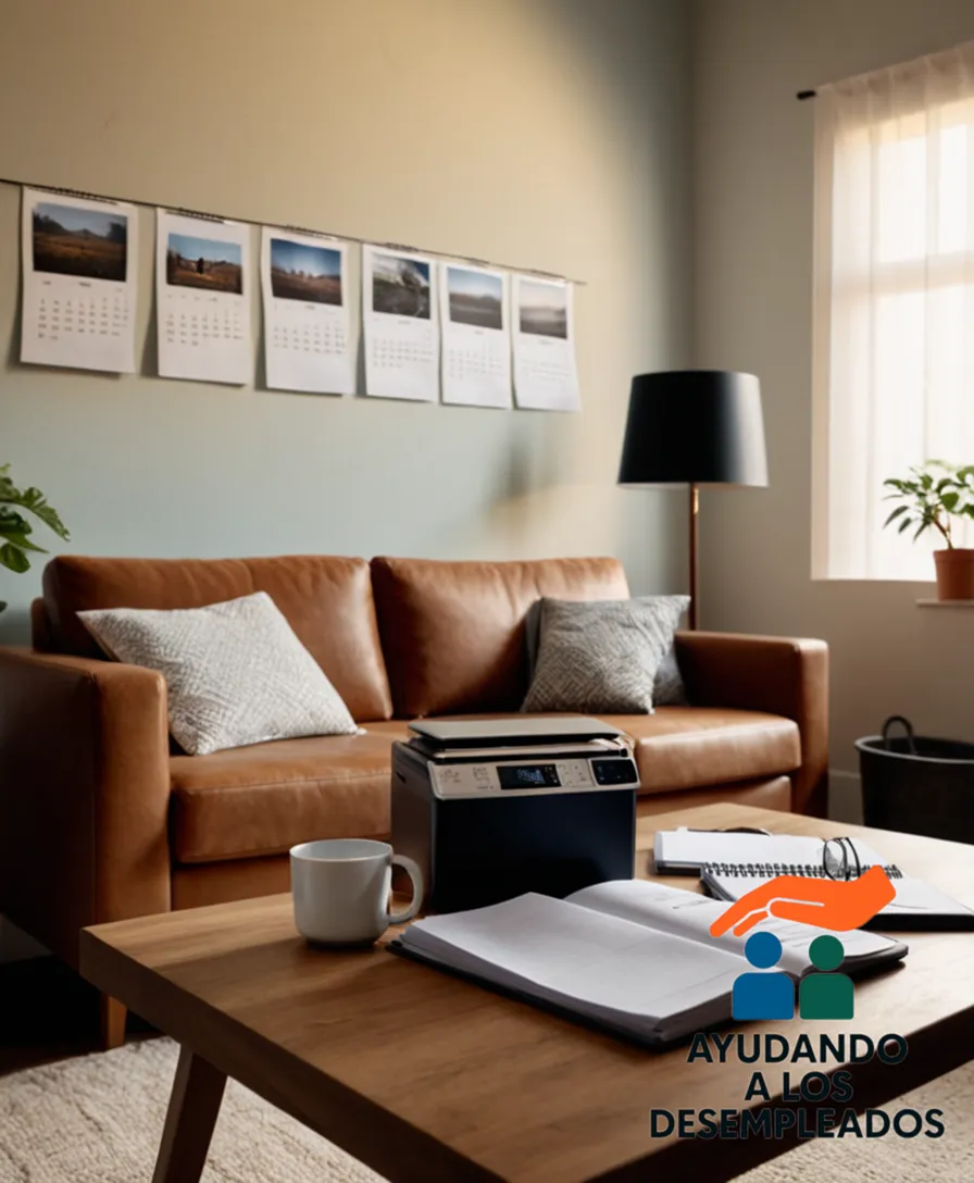 A humble living room with neatly folded laundry in the background, a modest desk with a open spreadsheet titled 