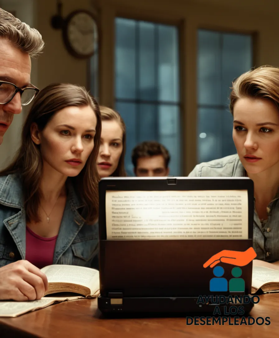 A group of four individuals with worn-out furniture in the background, one person typing on an old laptop while another looks through a worn dictionary, amidst scattered community bills and newspapers, conveying desperation and resilience.