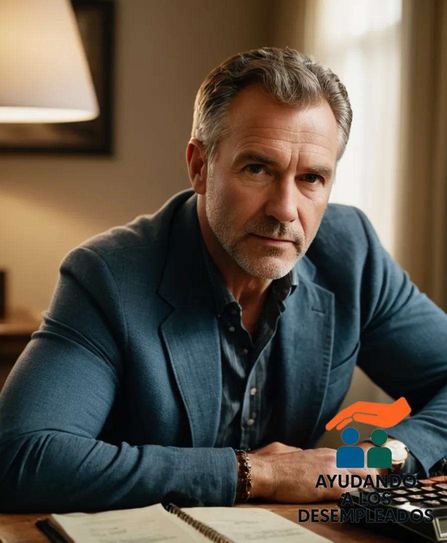 a middle-aged man with a worn expression, sitting at a small wooden table in a modest living room, surrounded by family photos and bills, holding a calculator and staring down at a notebook filled with notes on a homemade budget plan.