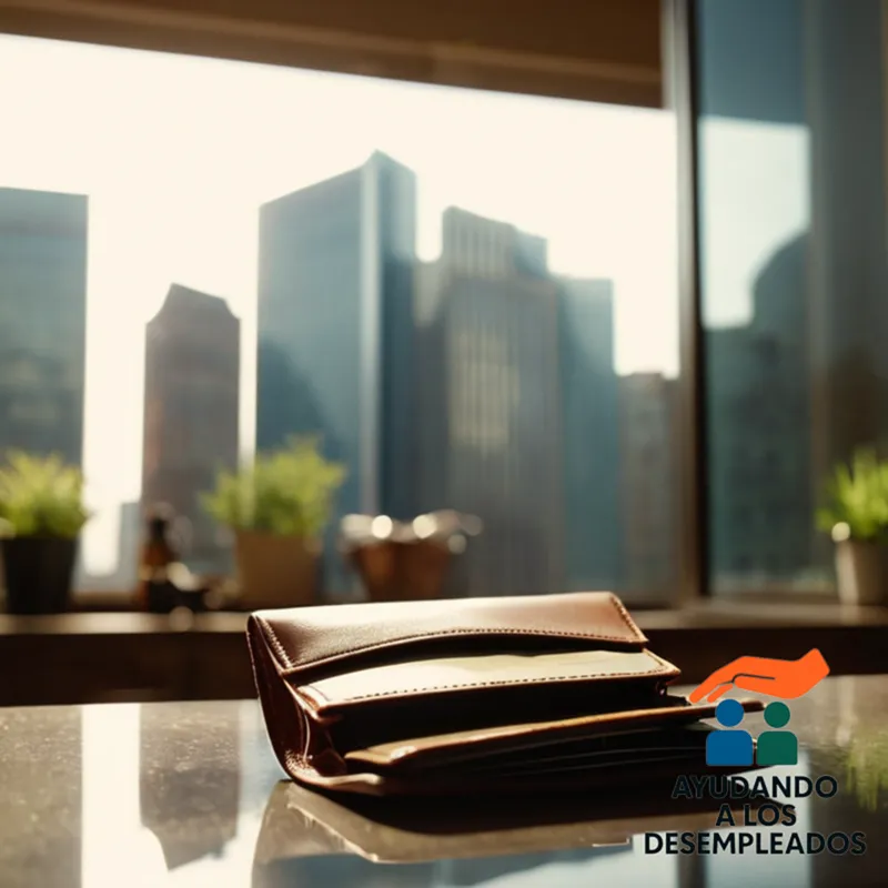A worn-out wallet, lying open on a cluttered kitchen counter, surrounded by unpaid bills and stacks of dusty folders, with a faint cityscape outside through the window, conveying a sense of financial struggle among jobless individuals.