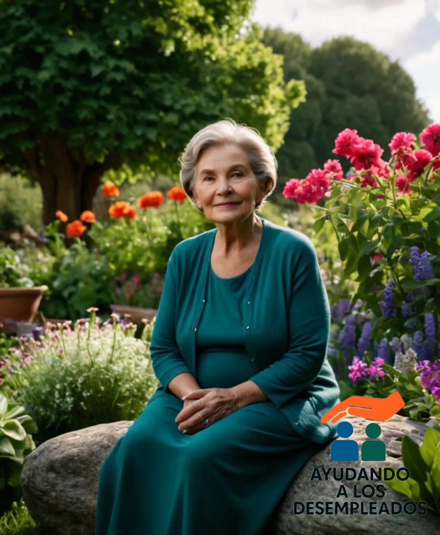 a serene and mature-looking elderly woman, sitting comfortably on a weathered rock in a lush green community garden, surrounded by a vibrant array of flowers and a partially finished DIY project on her lap, conveying a sense of security and contentment.