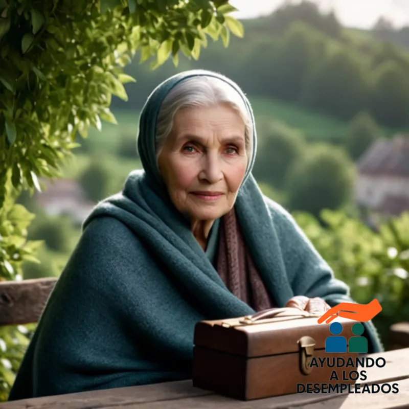A gentle elderly woman dressed in a warm shawl, sitting comfortably on a worn wooden bench amidst lush greenery, with a serene village landscape unfolding behind her, as she gently holds a small wooden toolbox containing a modest, worn wallet and pen.