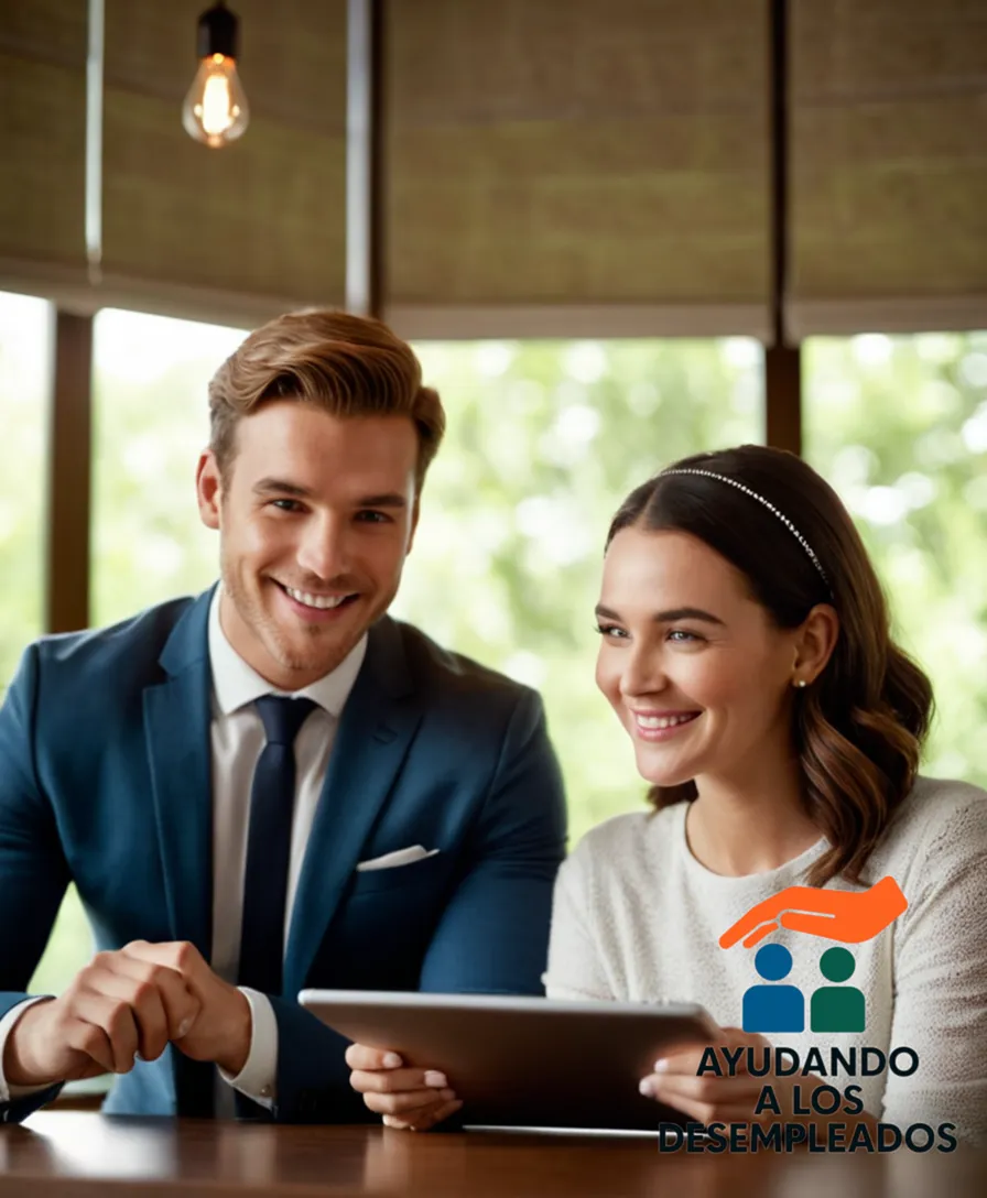 A young couple, surrounded by lush greenery and comfortable seating, with a large window behind them offering a breathtaking view of sunny outdoors, pointing to an electronic tablet displaying a graph or chart related to financial planning while smiling at their future.