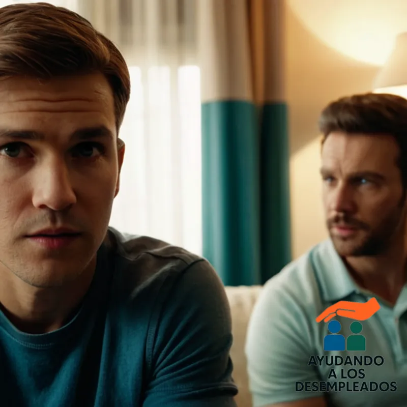 a real and relatable scene of two desempleados (jobless men) in their mid-30s, sitting on a worn-out sofa in a modest living room, surrounded by toys and clothes scattered around a young boy (around 4-6 years old), with an unsure glimmer in his parents' eyes reflecting the uncertainty about their future.