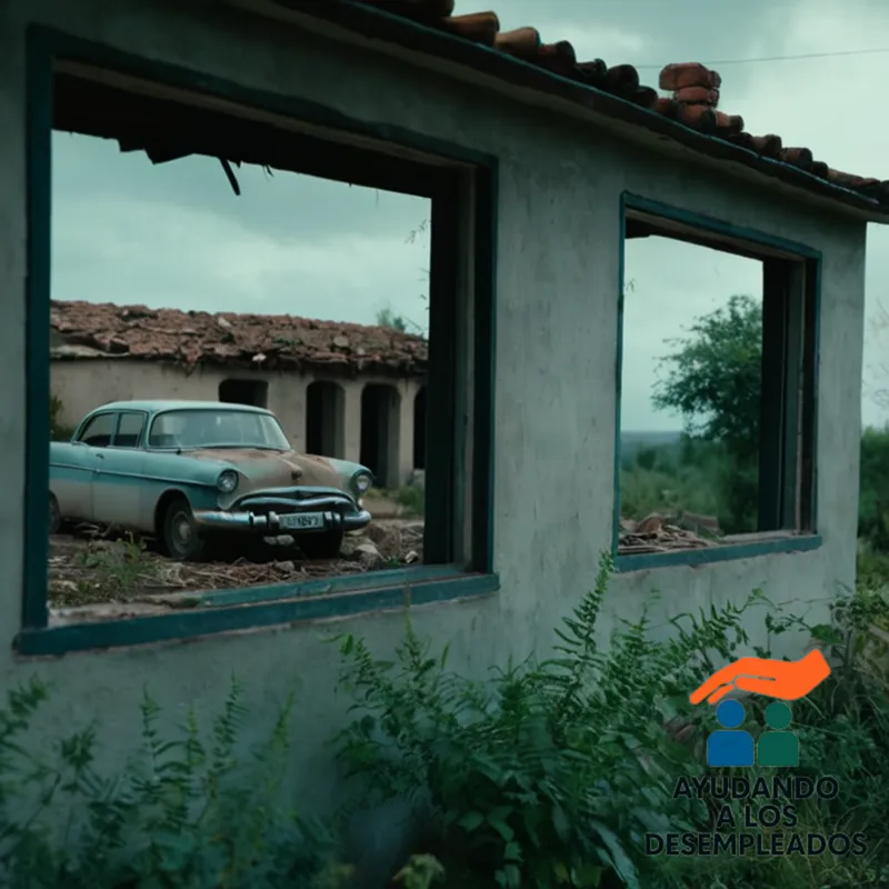 A worn-out single-story house, painted in faded pastel tones, sits on a crumbling plot of land, its roof partially destroyed by a natural disaster, amidst debris and overgrown vegetation, conveying desperation and hopelessness.