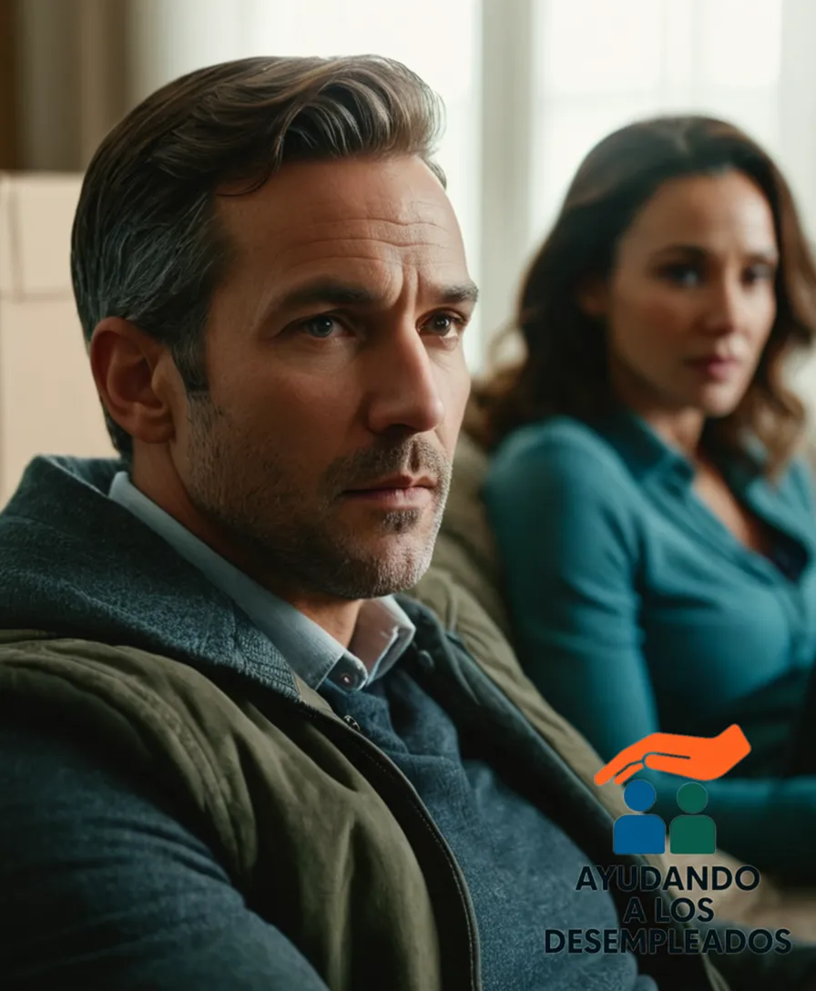 A diverse group of two people, perhaps a man in his mid-30s and a woman in her early 40s, sitting on a worn-out couch in a modest living room, surrounded by packed boxes, with worried expressions on their faces, as they look at a laptop screen with job listings in the background.