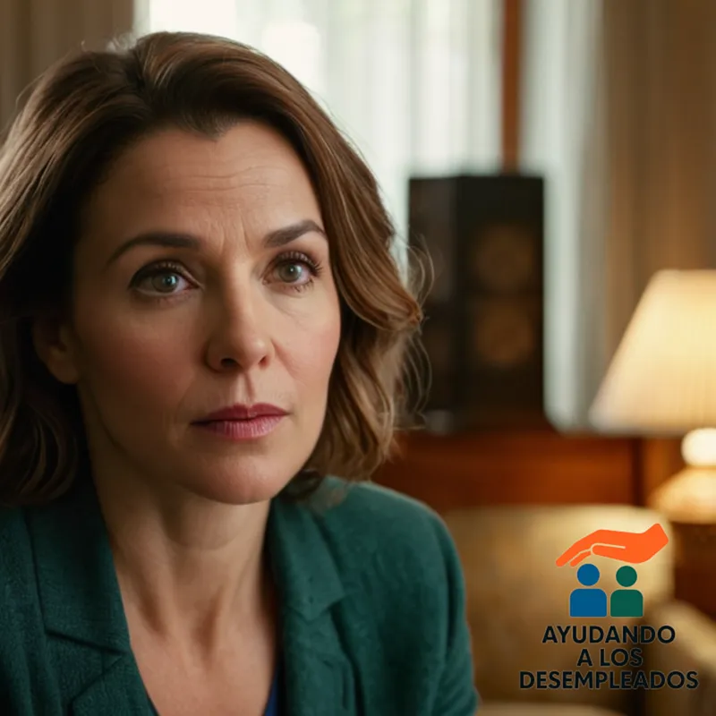 a weary-looking woman in her mid-30s, surrounded by worn furniture in a small, modest living room, with stacks of boxes and papers behind her, her eyes fixed on a computer screen displaying a government website for social housing applications.