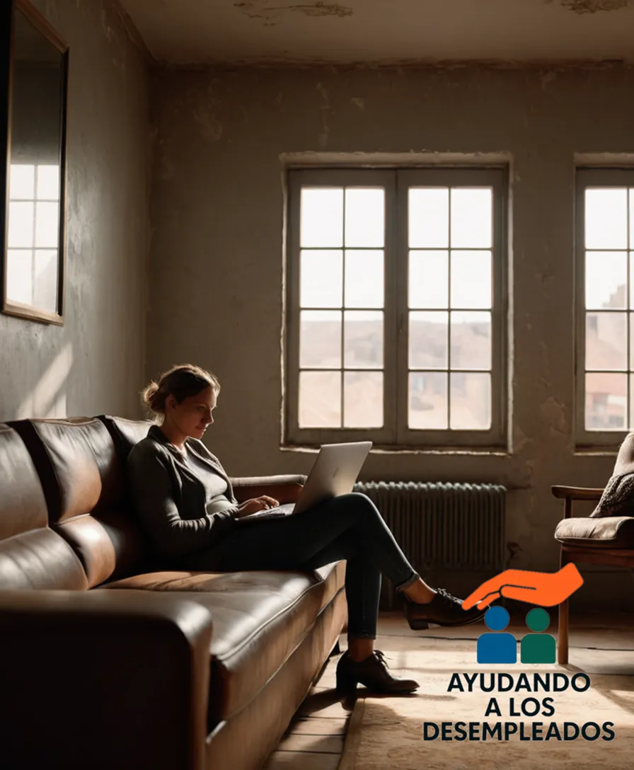 A photograph of a person sitting on a worn couch in a modest room, surrounded by peeling walls and natural light filtering through grimy windows, looking tired yet hopeful with a laptop open on their lap as they research affordable housing options.