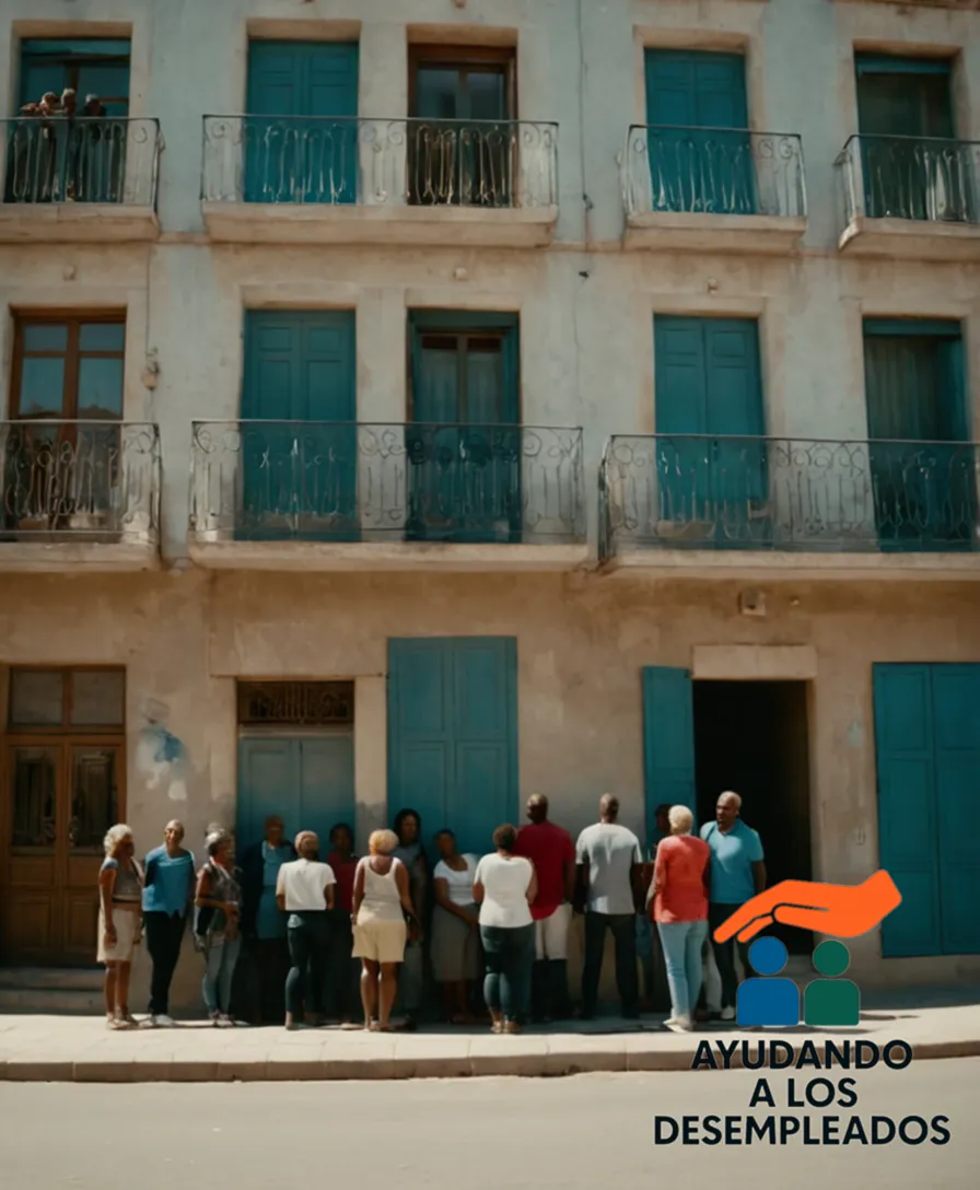a serene yet worn-out photo of a group of people with resigned expressions, gathered in front of a low-income housing building, its peeling paint and rusty balconies contrasting with the vibrant street art on its walls, amidst a sunny Barcelona street.