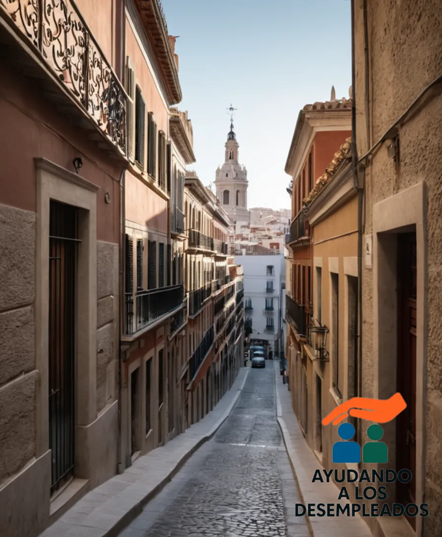 A serene and narrow alleyway in a traditional Madrid neighborhood, lined by intricately patterned stonework, rusty iron railings, and faded historic buildings, with the imposing silhouette of the Madrid skyline visible above the rooftops through soft morning sunlight.