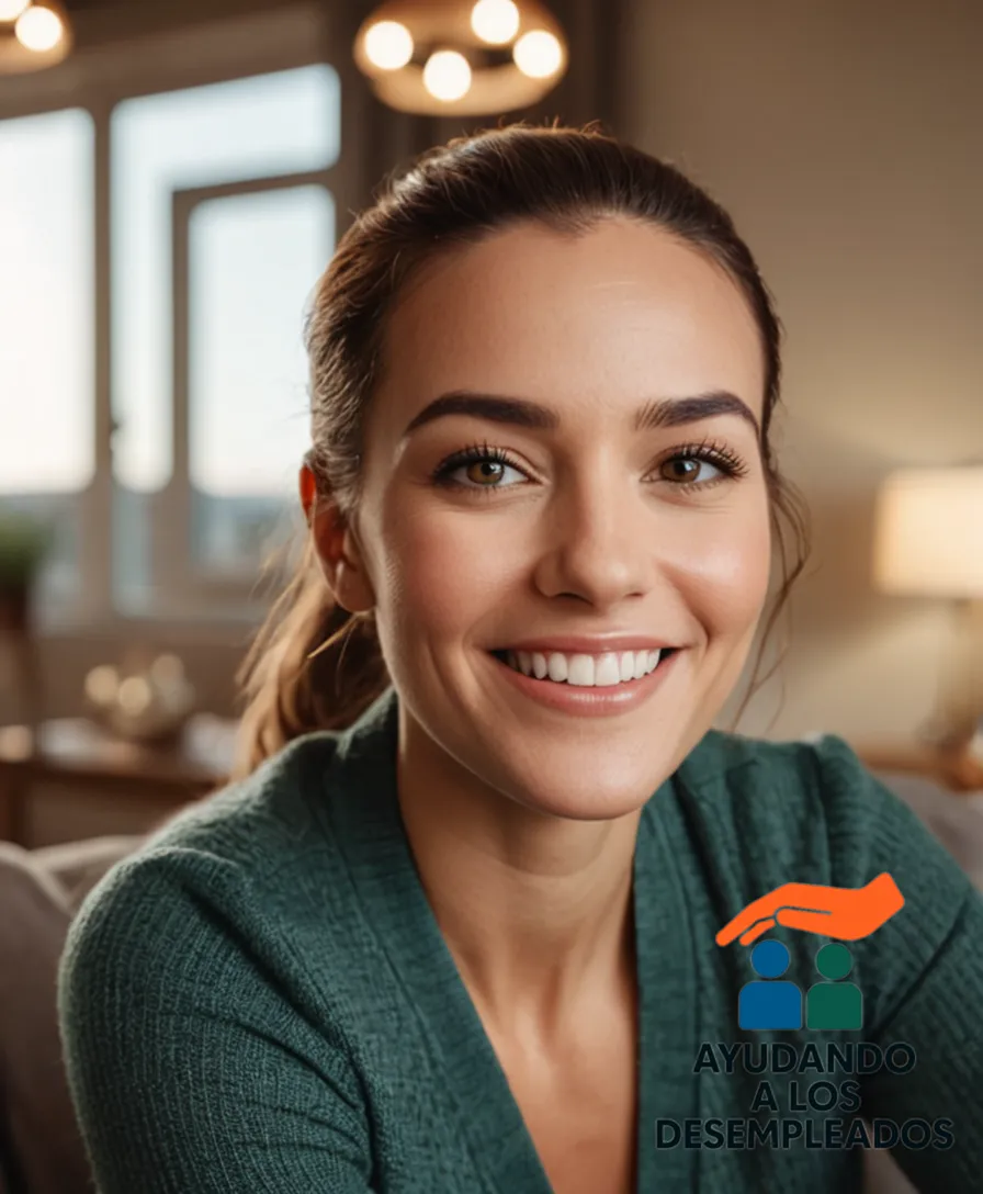 a smiling unemployed person seated on a couch in a cozy living room, surrounded by affordable apartment features such as a compact kitchenette, a minimalist dining area, and a cheerful balcony with plants, all reflecting a sense of hope and new beginnings after finding an affordable rental home.