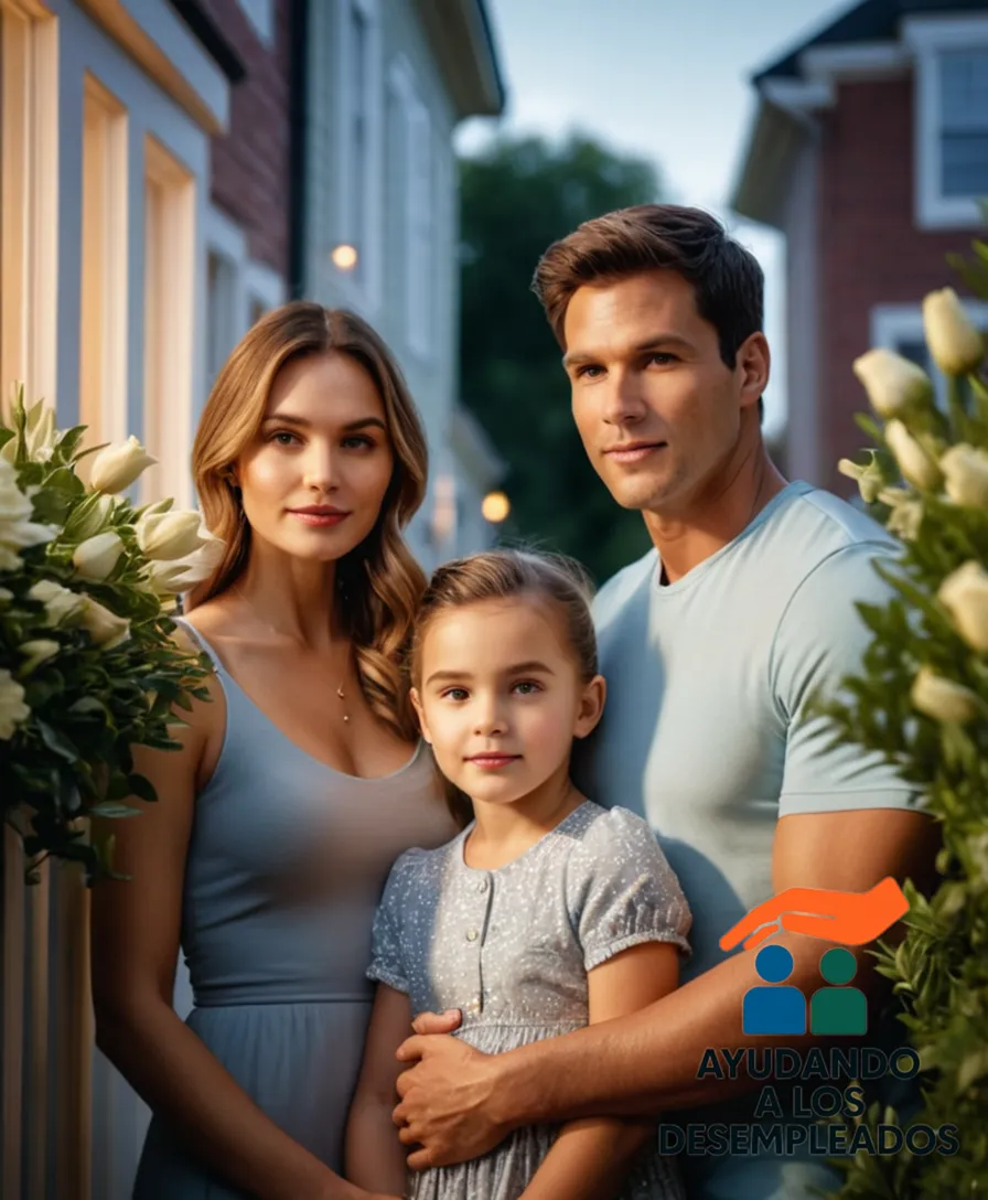 a warm and inviting portrait of a young family standing proudly in front of a modest but well-maintained row house, adorned with vibrant flowers and greenery, surrounded by a safety-gated entryway and secure neighborhood fencing, illuminated by a soft golden light.