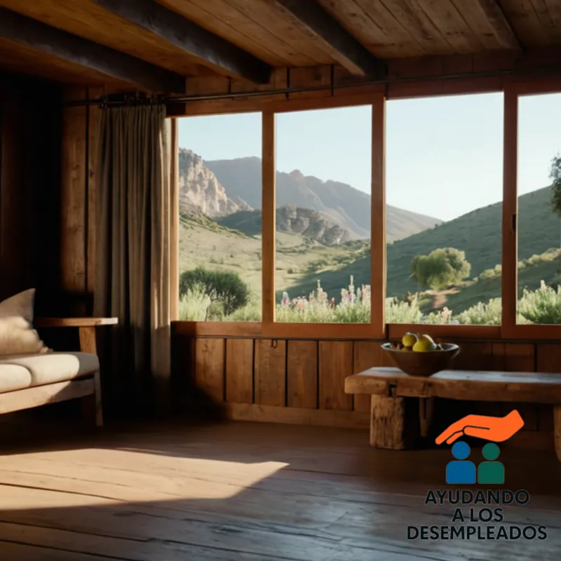 A serene rural landscape with lush greenery and wildflowers surrounding Refugio Tranquilo's wooden cabins, their weathered wooden facades blending seamlessly into the natural surroundings, as a warm sunlight casts dappled shadows on the terrain, highlighting the peaceful atmosphere of this rustic retreat.