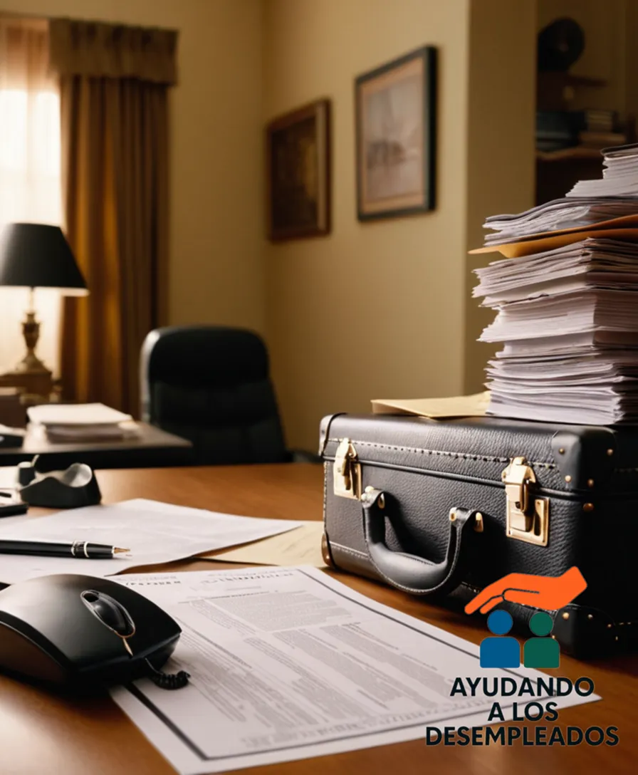 a close-up of a person sitting at a cluttered desk, surrounded by stacks of unpaid bills and job search materials, with a small suitcase in the corner and a bulletin board featuring a few scattered flyers for apartments to rent in the background.