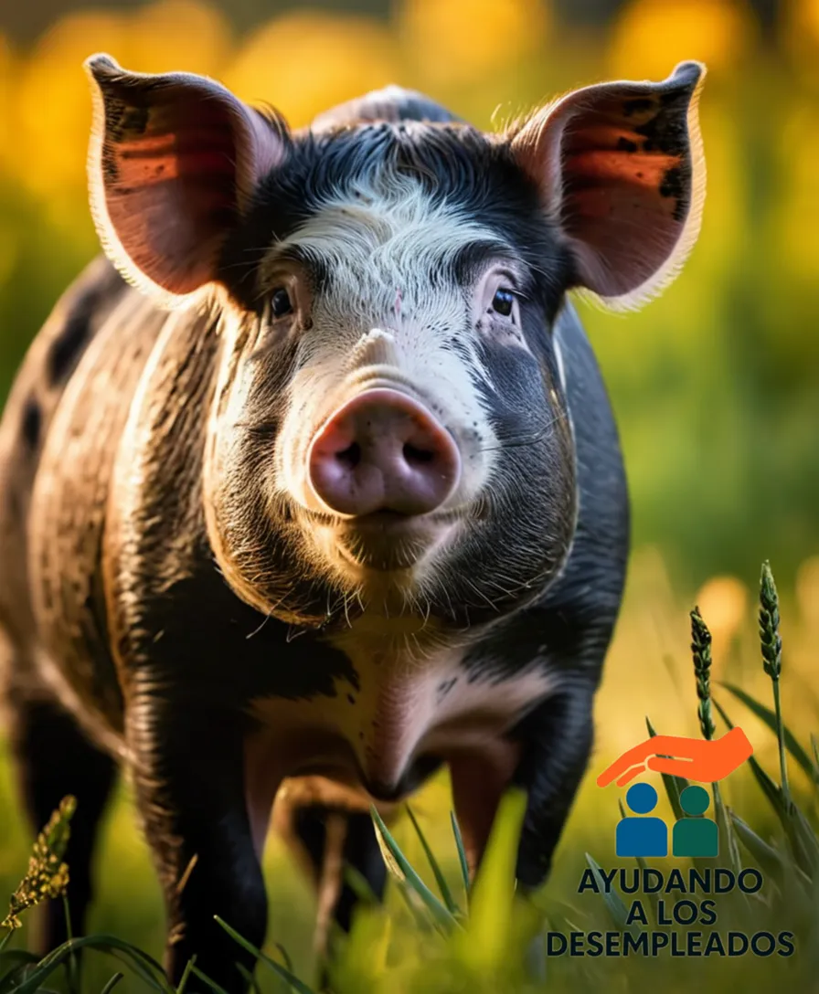A proud and majestic hogar (common ancestor of domestic pigs) roaming freely in a lush, green meadow, set against a warm sunlit backdrop, with its distinctive black spots and curved tusks standing out amidst the vibrant flora.