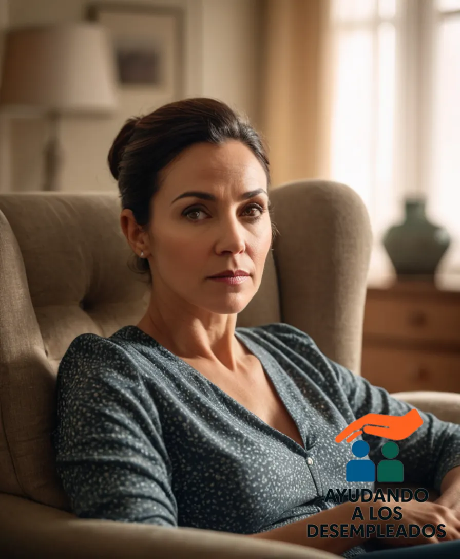 a realist depiction of a single mother in her mid-30s sitting on a worn armchair in a small, minimalist living room, surrounded by official documents and applications, looking tired yet determined amidst a faded painted wall adorned with a few meager household items.