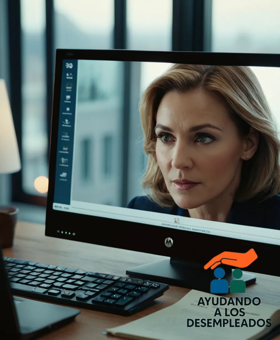 a middle-aged person sitting in front of a computer screen displaying a housing search website, with a calculator and a laptop open on a clutter-free desk, surrounded by soft city views through large windows, conveying a sense of calm and hope.