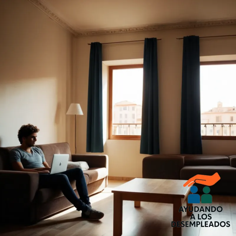 A modestly furnished apartment in a typical Spanish urban housing complex, with a young unemployed person sitting on a worn-out couch in front of a laptop, surrounded by a few boxes and bags, against the backdrop of an afternoon Spanish sun shining through dusty windows.