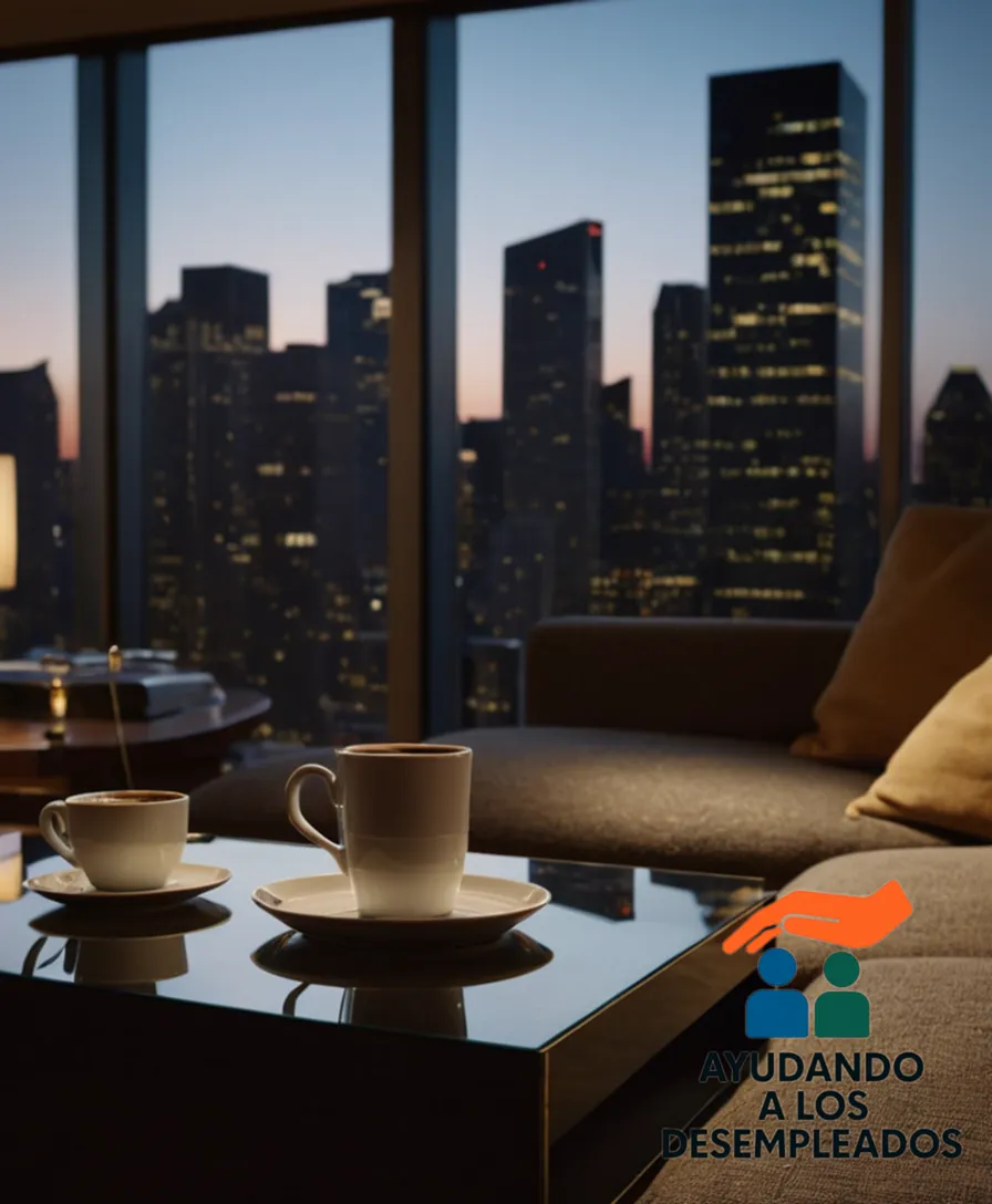 a worn-out couch with scattered bank statements and unpaid rent notices on the coffee table, in the background a bleak urban skyline at dusk, with a single spotlight illuminating the dimly lit living room to convey feelings of desperation and financial struggle.