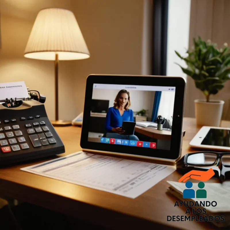 A cluttered yet orderly desk in a small apartment, lit by soft overhead light, with a tenant's hands holding a phone, while a tablet displays a contract detailing rent reduction benefits for unemployment on the screen, backed by a calendar and a newspaper about employment benefits in the background.