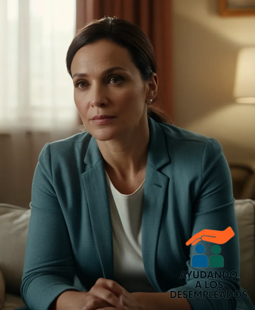 a poignant photo of a single mother in her mid-30s, sitting on a couch in a modestly furnished social housing apartment, surrounded by faded family photos and certificates proving her unemployment benefits, gazing uncertainly at the camera amidst soft, warm natural light pouring through a large window.