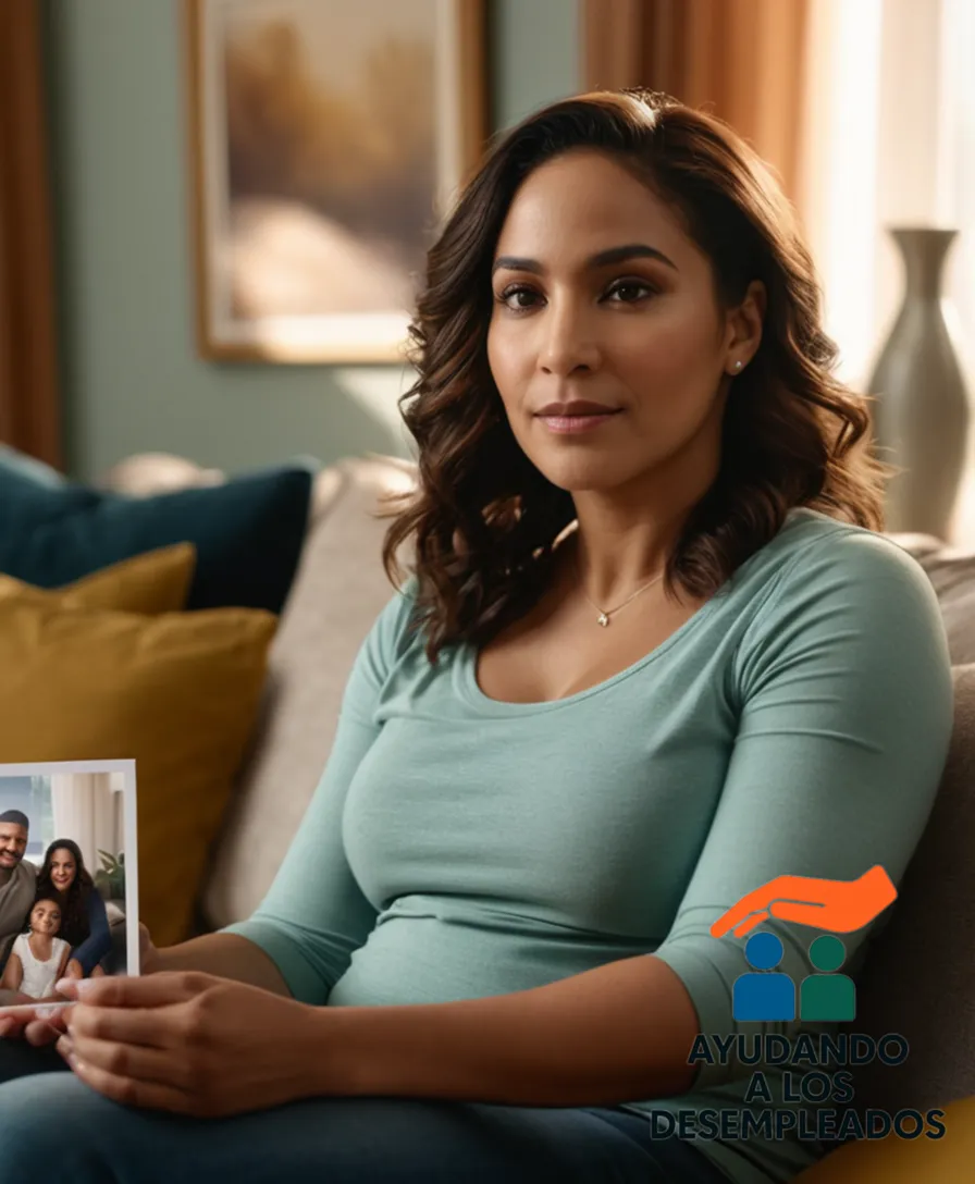 a warm and inviting photo of a young Latina mother, sitting on the couch in her newly found affordable apartment, surrounded by the faint reflection of sunlight streaming through the windows, while holding a framed picture of herself and her kids in one hand, and a utility bill with her name in a proud gesture.