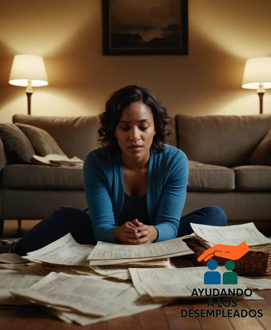 A person sitting on a worn-out couch in a small, dimly lit living room, surrounded by boxes and documents scattered across the floor, staring at a stack of unpaid utility bills and foreclosed property notifications amidst tears streaming down their face.