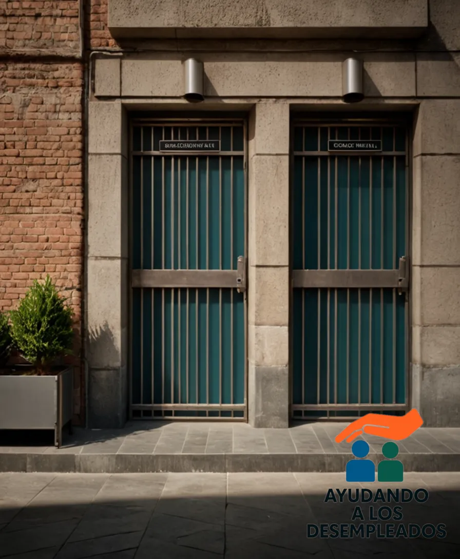 A sombre, urban background of worn concrete walls and steel railings fading into the distance, dominated by a modest, government-branded sign and a series of four or five, identical entrance doors to social apartments for unemployed individuals in Madrid, weathered brick exteriors with faded windowsills and neatly trimmed plants.