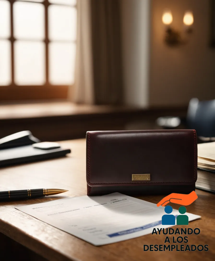 A worn-out wallet lies open on top of a cluttered desk, next to an unpaid utility bill and a rejected loan application letter, as a faint background calendar page reveals March's unemployment claim stamp marked in red ink.