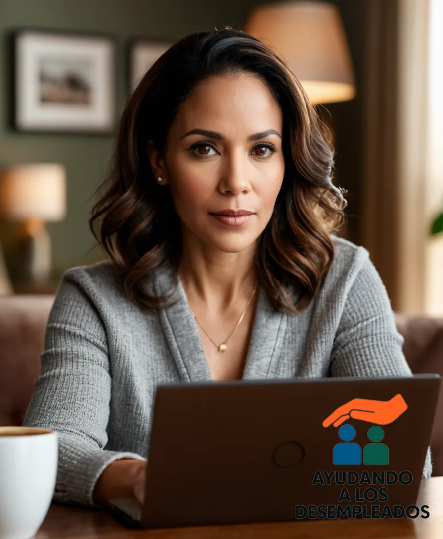 A Latina woman in her mid-30s, sitting in a cozy living room with a laptop open on a coffee table, surrounded by family photos and personal items, as she looks at her smartphone with an app of a budgeting calendar displayed on the screen.