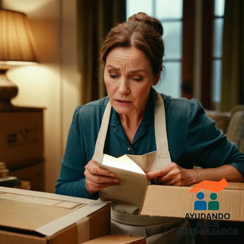 A middle-aged woman in a worn-out apron, sitting in her cluttered living room amidst cardboard boxes and old furniture, surrounded by dim fluorescent lights, holding a thick stack of government documents and looking at a smartphone screen with a mixture of frustration and determination etched on her face.