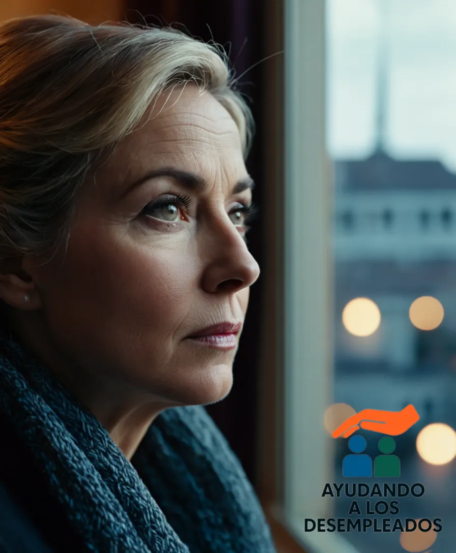 a middle-aged woman with a concerned expression, sitting in front of a cluttered living room window, looking out at a gloomy urban landscape through a partially open curtain, highlighting the contrast between her uncertain financial situation and the bleak economic environment.