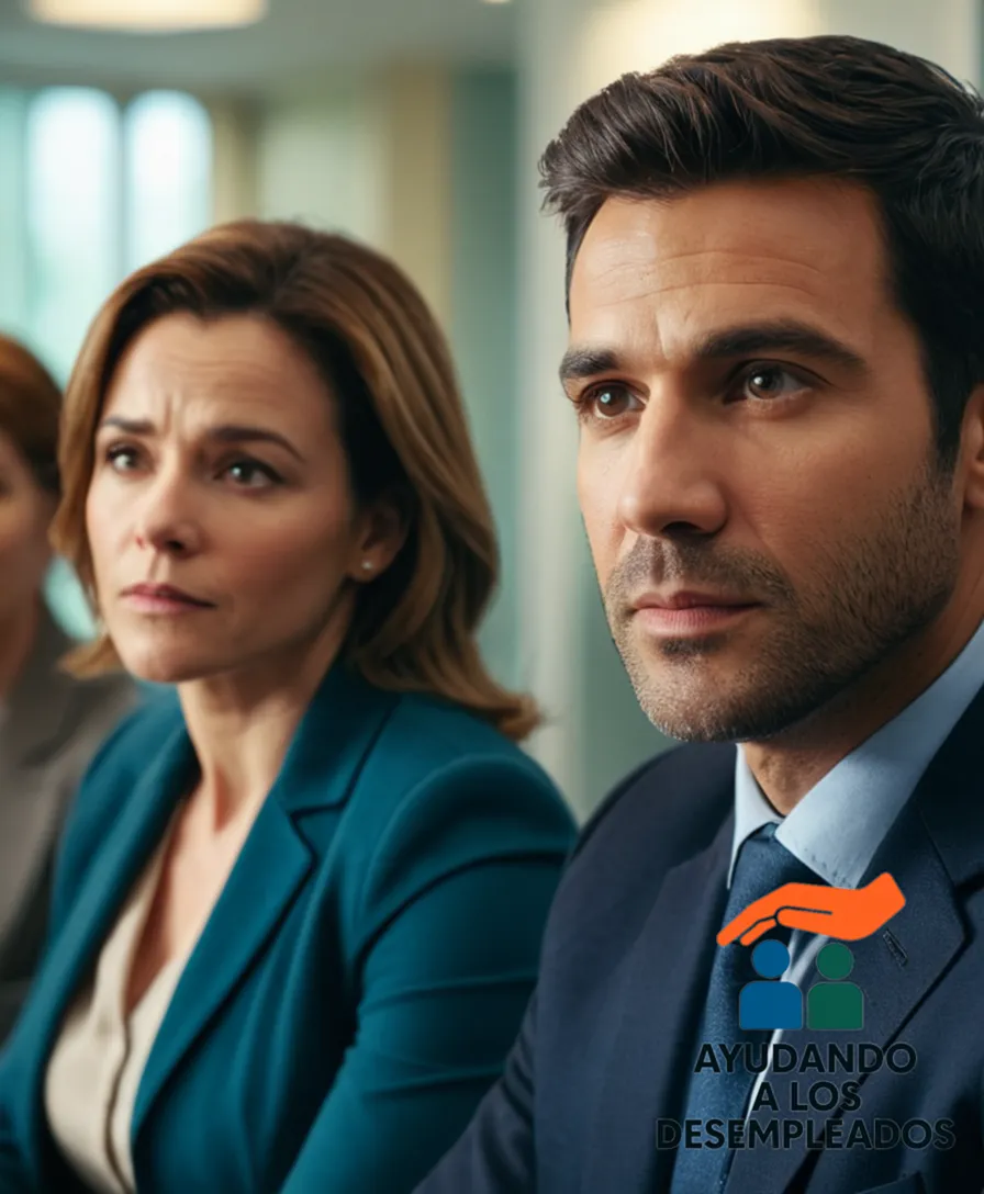 A group of three diverse individuals, each representing a different demographic, sitting in a waiting room with worried expressions on their faces, with government employment offices and financial assistance services displayed prominently around them, conveying concern and hope for an uncertain future.