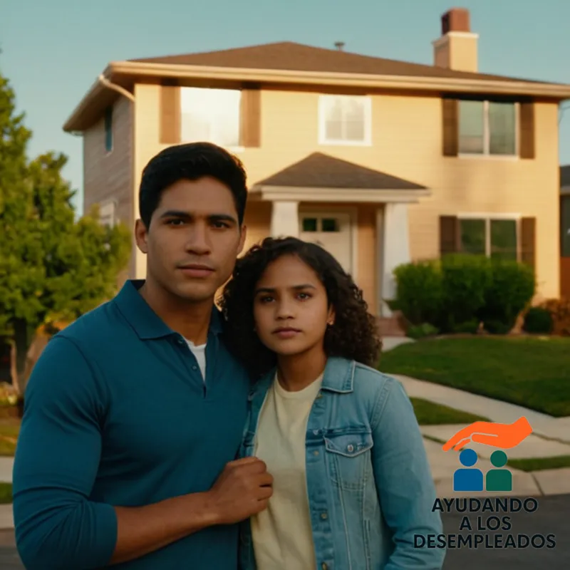 a warm sunrise over a suburban neighborhood, with a young Latino family standing in front of their modest two-story home, surrounded by foreclosure notices on the door and mail pile-up, amidst an urban landscape with a mix of tall trees and affordable housing development.