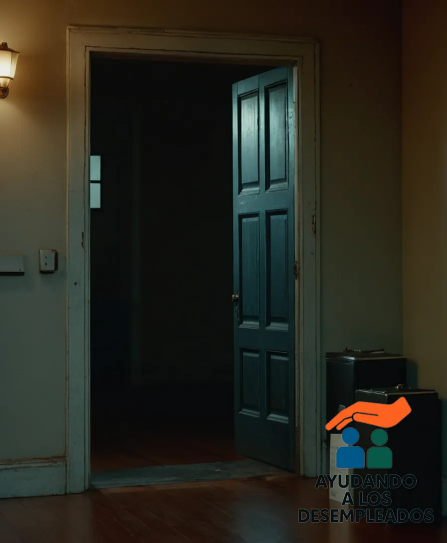 a distressed and worn-out apartment door, slightly ajar, with a prominent foreclosure notice (