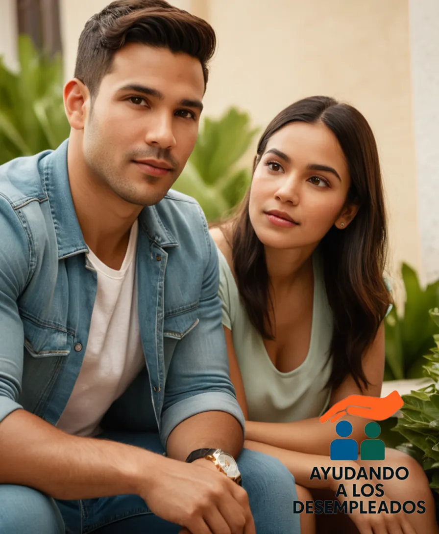a photograph of a young Latino couple in their mid-twenties sitting on the steps of a beige-colored concrete apartment building surrounded by lush greenery, holding hands as they gaze out at a clear blue sky with a gentle, hopeful expression.