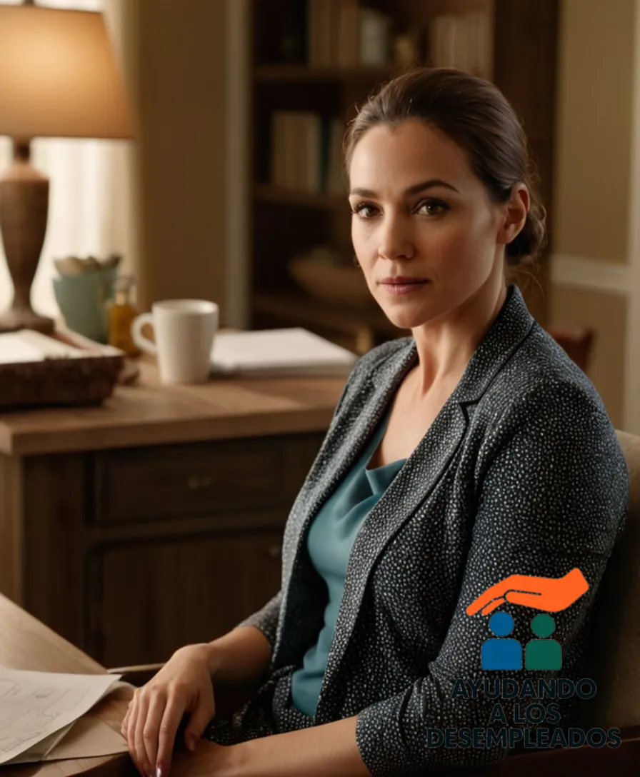 A detailed and vibrant photograph of a single family's modest living room, with the homeowner, a middle-aged woman, sitting on a worn-out armchair surrounded by personal belongings and papers, and behind her, a cluttered kitchen desk with financial notes and calculators.