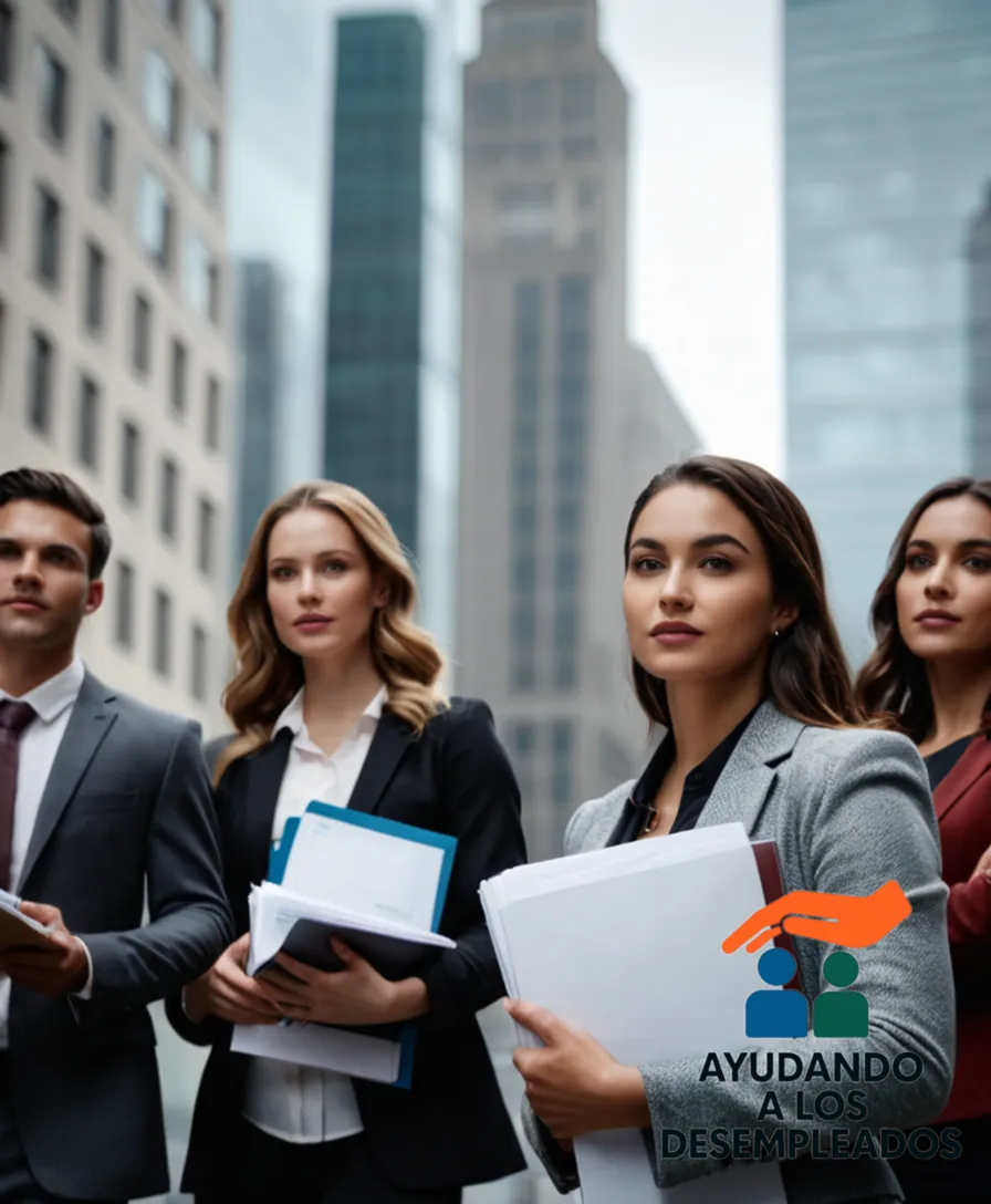 A group of job seekers, predominantly young adults, standing in front of a city council office building, holding files and resumes, while gazing downward at a street map and flyers for emergency shelters and housing assistance programs, amidst a backdrop of rainy urban pavement and grey skyscrapers.