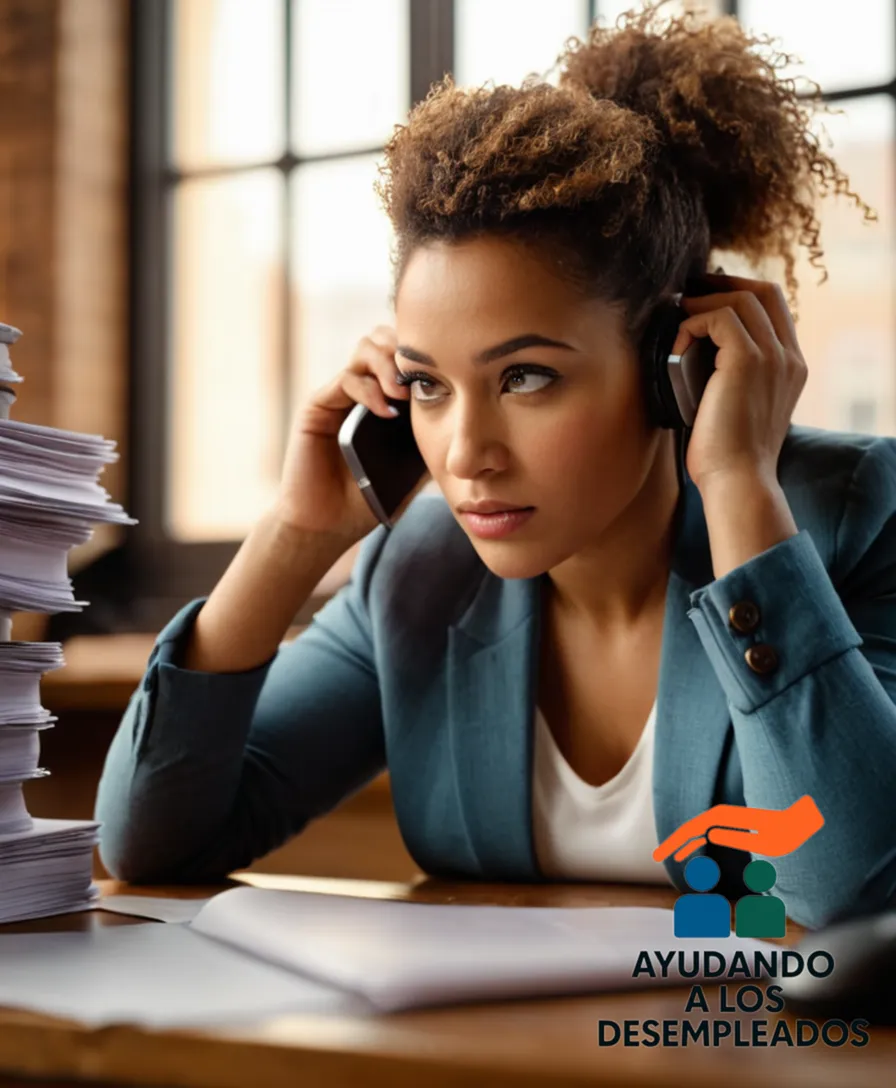 a person sitting in front of a worn wooden desk, surrounded by stacks of paperwork and a laptop screen displaying a government database, as they anxiously hold a phone to their ear, with a blurred cityscape outside the window reflecting their uncertain future.