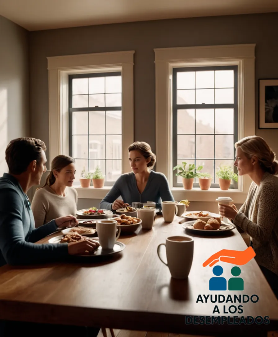 A warm and intimate domestic scene, where a family of four sits around their cluttered dining table, amidst meal prep essentials and financial documents in plain sight, with worried expressions and hands folded around cups of steaming coffee, surrounded by natural light streaming through a window.