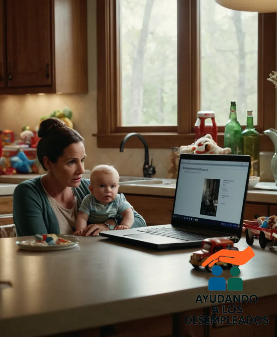 a harried mother with a worried expression holding a toddler on her hip while standing beside a cluttered kitchen table where a laptop computer and piles of unpaid bills are spread out amidst scattered child toys, with a faintly faded family photo hanging crookedly on the wall in the background.