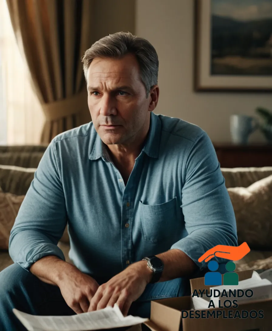 a middle-aged man with a concerned expression, sitting on the edge of a couch in a small, cluttered living room with worn furniture, surrounded by partially packed boxes and piles of bills on an old coffee table, looking out at a blank wall through a grimy window.