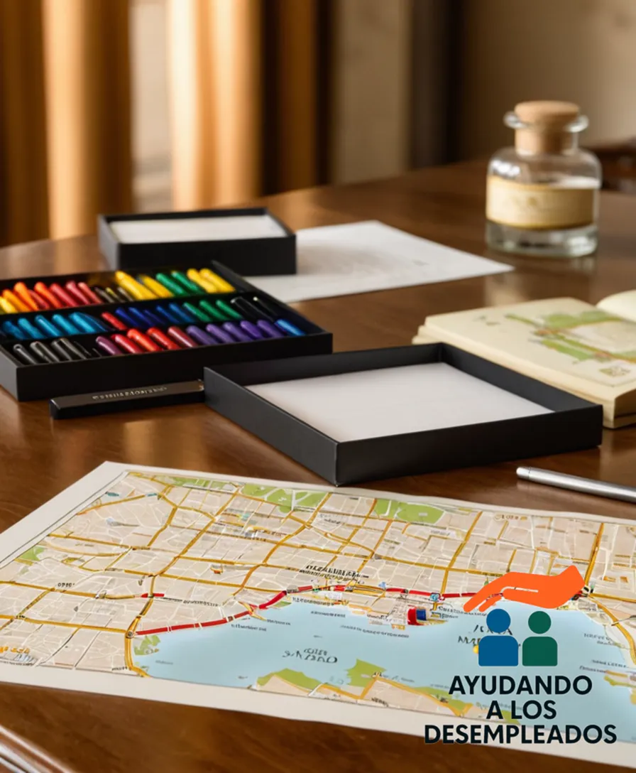 A map of Madrid's municipalities displayed on a wooden desk, with colorful markers pinpointing regions such as Centro, Salamanca, Chamartín, and Carabanchel, against a blurred background of the majestic Palacio Real de Madrid and its lush surrounding gardens.