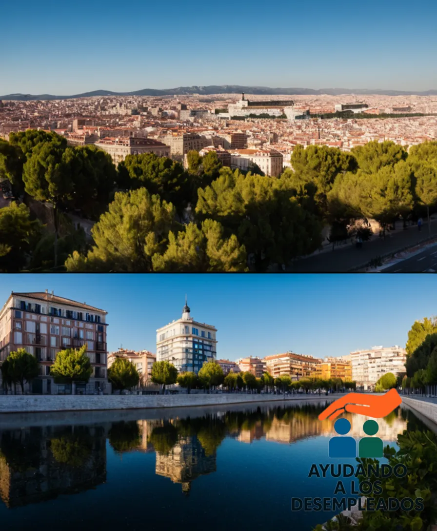 A vibrant map of Madrid's regions, centered on the iconic Comunidad de Madrid symbol, surrounded by authentic photographs of housing developments, job centers, and cityscapes from different districts, including Lavapiés, Retiro, and Odonel neighborhoods.