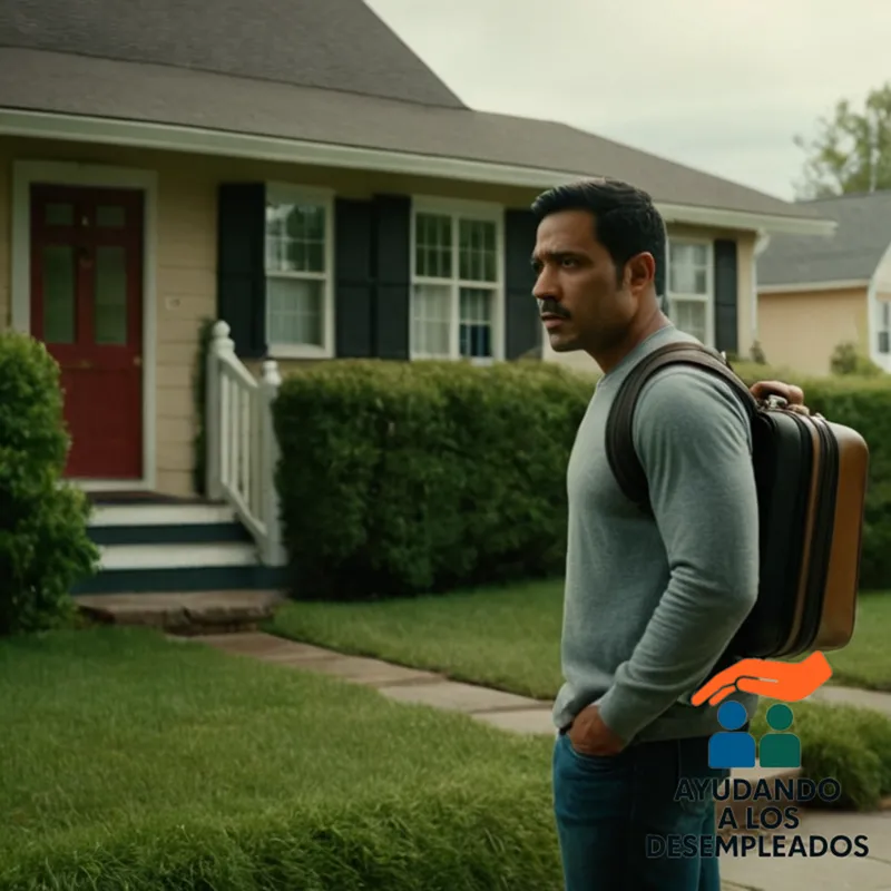 a worried-looking Latino adult in their mid-30s standing in front of an open front door, with a suitcase packed on the floor beside them, as they gaze out at an empty, faded suburban street with overgrown grass and a distressed 