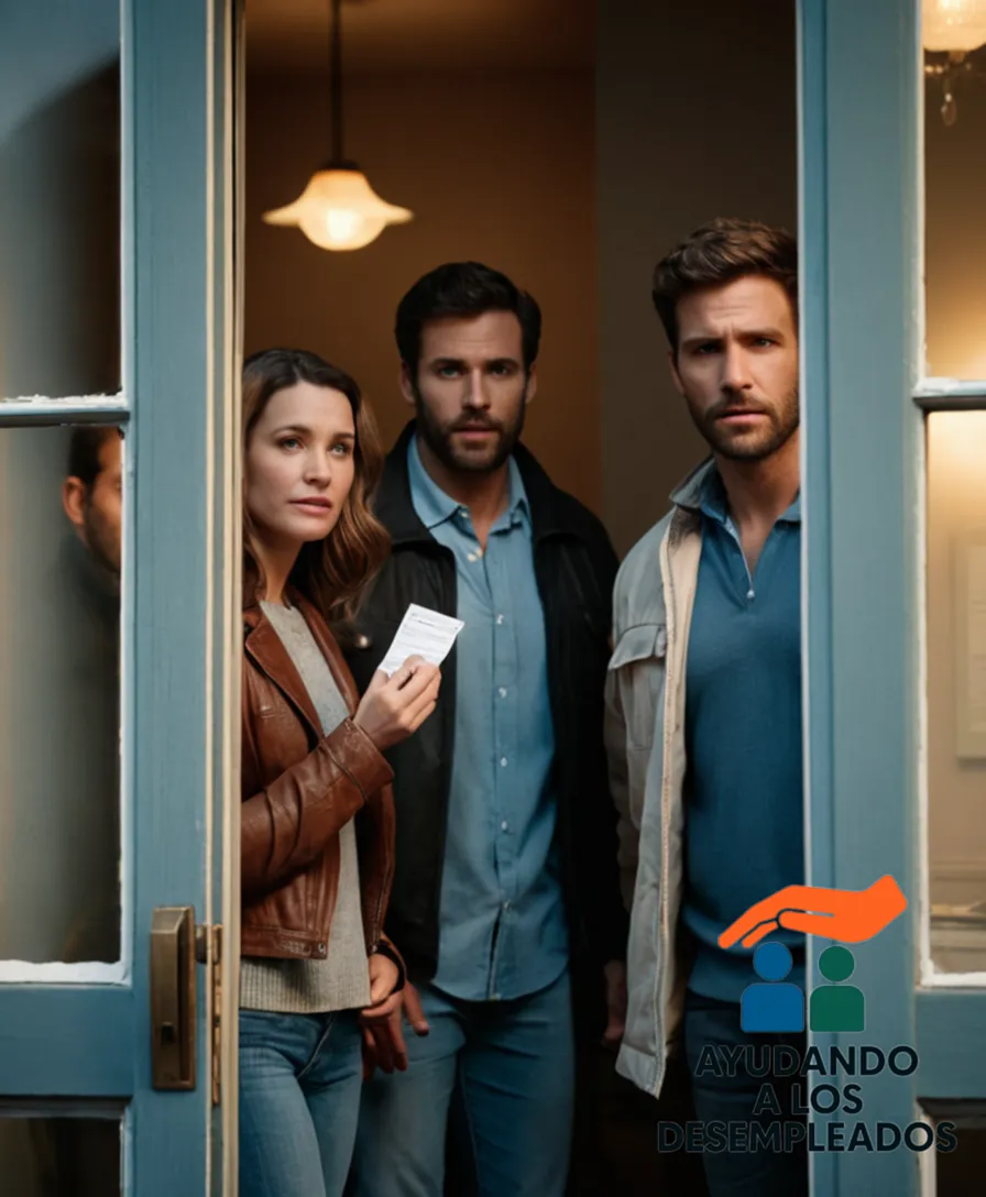 a realistic photograph of a couple holding an eviction notice in their hands, standing in front of a humble but cluttered apartment's door, with a worn-out couch and stacks of unpaid bills visible through the cracked window, under a warm yet somber sunlight.