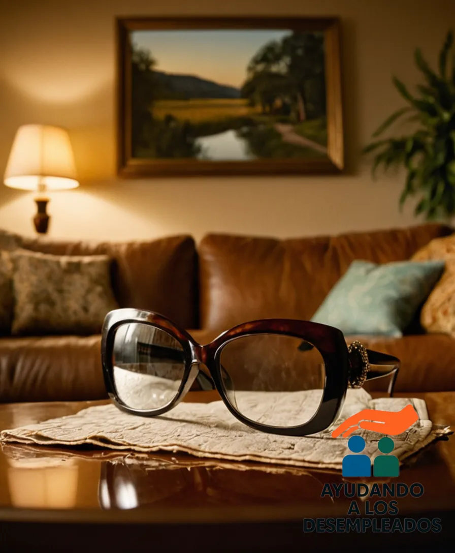 A worn-out couch in an ordinary living room setting, with cracks in its armrests, frayed fabric, and faded upholstery, surrounded by bills and documents on a cluttered coffee table, under dim overhead lighting that highlights the neglect and disrepair.