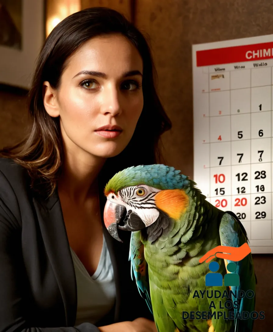 A person sitting in front of a cluttered calendar wall, hands cradling a large Parrot (Paro) on their lap, with a worried expression amidst a dimly lit background of unpaid bills and eviction notices scattered around them.