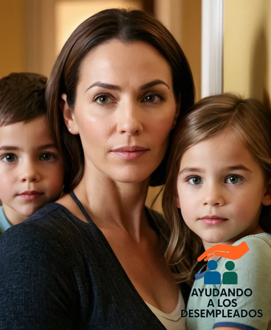 A loving mother of three, surrounded by her children, standing in front of a worn but well-maintained apartment door, with a calculator and papers in hand, as she calculates the potential savings from a hypotetical mortgage aid program for large families.